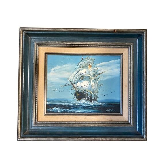 Framed K Maskell (Signed K Max) Sailing Ship Open Seas Painting 16” x 15” - Picture 1 of 6